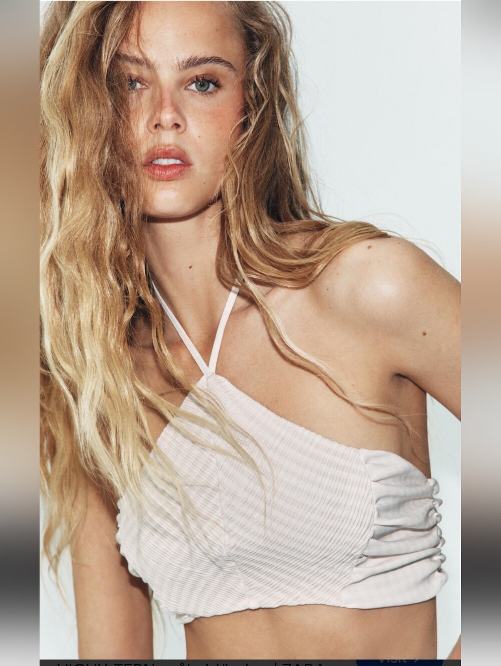 Zara Ivory Ruched Gingham Halter Neck Crop Top Size Small